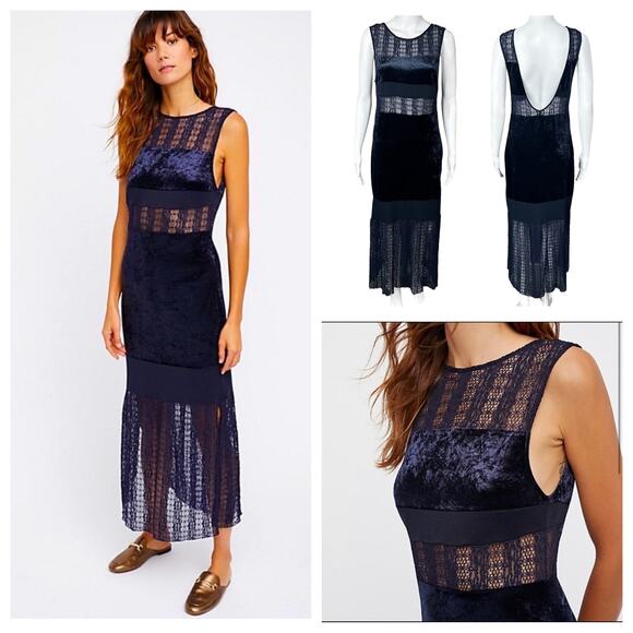 Free People Crushed Velvet Sheer Lace Blue Maxi Dress Large Fairy Witchy Gothic - Picture 1 of 16